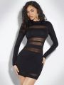 SHEIN BAE Women's Sexy Long Sleeve Mesh Patchwork Perspective Nightclub Streetwear Dress In Black