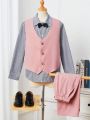 SHEIN Kids FANZEY Teenage Boys' Slim Fit Elegant Striped Stand Collar Shirt, Vest And Pants Formal Suit Set