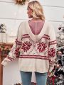 SHEIN Essnce Bird Pattern Drop Shoulder Lace Up Front Hooded Sweater