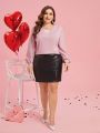 SHEIN Clasi Women's Plus Size Solid Color V-Neck Shirt With Pearl Embellishment
