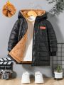 SHEIN Kids EVRYDAY Young Boy Letter Patched Detail Teddy Lined Hooded Thermal Lined Zipper Hooded Puffer Coat