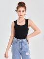 SHEIN Teenage Girls' Knitted Solid Color Leisure Square Neck Vest 3pcs Set