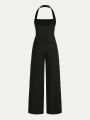 SHEIN Teen Girls' Knitted Solid Color Halter Neckline Jumpsuit With Pleated Texture Chest Design