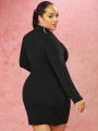 SHEIN BAE Plus Size Women's Black Suit Dress With Sash, Deep V-Neck, Slim Fit, Bodycon, Ruched