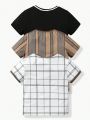 SHEIN Kids EVRYDAY 3pcs/Set Young Boys' Casual, Comfortable, Fashionable, Simple, Practical, Versatile, Plaid, Color Block, English Printed T-Shirts, Suitable For Spring And Summer