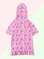 Little Girls' Mermaid & Letter Printed Hooded Cover Up With Ruffle Hem