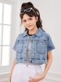 Teenage Girls' Vintage & Personality & College Wind & Regular Shoulder Width & All-Match & Simple Washed Short Denim Jacket