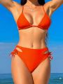 SHEIN Swim Vcay Solid Color Triangle Cup Bikini With Knotted Hollow Out Side Bottoms Set And Cover Up Blouse
