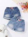 2pcs/Set Basic And Versatile Floral Bowknot Rolled Cuff Denim Shorts For Baby Girls
