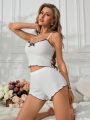 Women's Lace Patchwork Butterfly Decoration Camisole Vest And Shorts Pajama Set