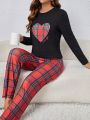 Women's Heart Pattern Round Neck T-shirt And Plaid Printed Pants Home Set, Autumn/winter