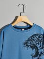 SHEIN Boys' Casual Round Neck Pullover Knit Sweater With Tiger Animal Print Pattern, Long Sleeve