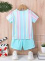 Young Boy Colorful Striped Pattern Round Neck Short Sleeve T-Shirt And Shorts Casual Outfits Perfect For Summer