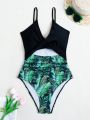 SHEIN Swim Vcay Tropical Print Patchwork Hollow Out Monokini Swimsuit
