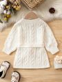 Baby Girl Cable Knit Belted Lantern Sleeve Sweater Dress