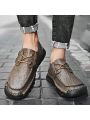 Men's Casual Shoes, Handmade, Classic All-match, Retro Style, Pure Color, Low-cut, Round Toe, Soft Bottom, Soft Surface, Loafers, Youthful, Fashionable, Small Pu Leather Shoes, Khaki, Daily Wear, Stylish Style