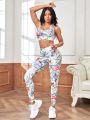 SHEIN Yoga Floral Ladies' Floral Print Yoga Leggings And Racerback Sports Bra Set For Fitness, Quick-Dry