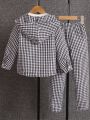 SHEIN Young Boy Plaid Jacket & Pants Set With Letter Patch