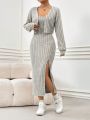 Casual And Simple Knitted Ribbed Bodycon Dress Set With Long-sleeve Crop Top
