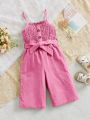 SHEIN Baby Girl Casual Comfortable Sleeveless Jumpsuit With Belted Waist & Placket Front