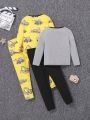 SHEIN Toddler Boys' Close-fitting Round Neck Patterned T-shirt And Long Pants Homewear 2pcs/set