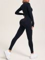 Solid Color Half Zipper Long Sleeve Jumpsuit For Sports