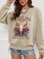 Cattle & Letter Graphic Drop Shoulder Thermal Lined Sweatshirt