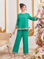 SHEIN Teen Girl Woven Solid Color Patchwork Web Shirt Slant Pocket Trousers Two-Piece Set