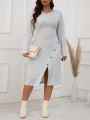 SHEIN LUNE Women's Solid Color Simple Style Plus Size Split Hem Maxi Dress