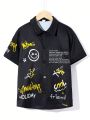 SHEIN Kids EVRYDAY Tween Boys' Doodle Pattern Woven Turn-Down Collar Short Sleeve Shirt, Summer