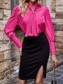SHEIN Clasi Women's Pink Puff Sleeve Blouse And Bodycon Slit Skirt 2pcs/Set