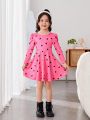 SHEIN Kids QTFun Toddler Girls' Heart Print Bubble Sleeve Hollow Out Back With Bowknot Decoration Dress