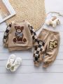Baby Boys' Plaid Letter & Bear Applique Printed Long Sleeve Outfit Set, Spring & Autumn