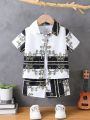 Baby Boys' Bohemian Style Black And White Casual Comfort Baroque Printed Short Sleeve Shirt And Comfortable Loose Shorts Two Piece Set