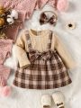 Baby Plaid Print Bow Front 2 In 1 Dress & Headband
