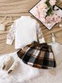 Baby Girls' Mesh Patchwork Long Sleeve Top And Plaid Skirt Set