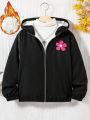 SHEIN Tween Girl 1pc Floral Patched Teddy Lined Hooded Jacket