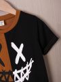 SHEIN Boys' Fun Emoji Printed Color Block T-Shirt And Shorts Set