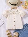 SHEIN Kids EVRYDAY Young Girls' Casual Woven Shirt With Doll Collar, Ruffle Trim, Floral Embroidery And Puff Sleeves