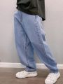 Men's Loose Fit Solid Color Denim Jeans With Slanted Pockets