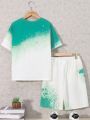 SHEIN Kids HYPEME Tween Boys' Casual Ombre Letter Print Short Sleeve Tee And Shorts Knitwear Set
