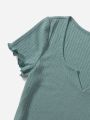 SHEIN CURVE+ Plus Size Women's Short Sleeve 3pcs/Set  Notch V-Neck  Lettuce Trim  T-Shirt With Cutout Detail  Top