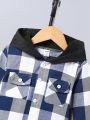 SHEIN 1pc New Style Boys' Fall Winter Hooded Coat With Plaid Flip & Front Pockets