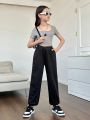 SHEIN Kids SUNSHNE Tween Girl Knitted Solid Color Loose Fit Casual Jogger Pants With Drawstring Hem