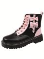 Women's Sweet Heart Shaped Soft Pu Leather Motorcycle Boots With Pink Bow Tie And Thick Bottom Sole