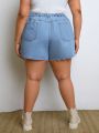 SHEIN CURVE+ Plus Size Denim Skirt With Irregular Hem, Slanted Pockets And Buttons