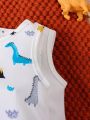 Baby Boys' Jumpsuit Vest With Dinosaur Animal Pattern And Solid Color, Front Middle Buttons, Soft And Comfortable