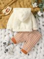 Baby Boy Cartoon Embroidered Plush Hoodie And Striped Pants Set