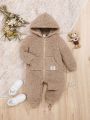 SHEIN Baby Girl Letter Patched Detail Zipper Hooded Teddy Jumpsuit
