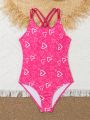Girls' (big) One Piece Swimsuit With Heart Print